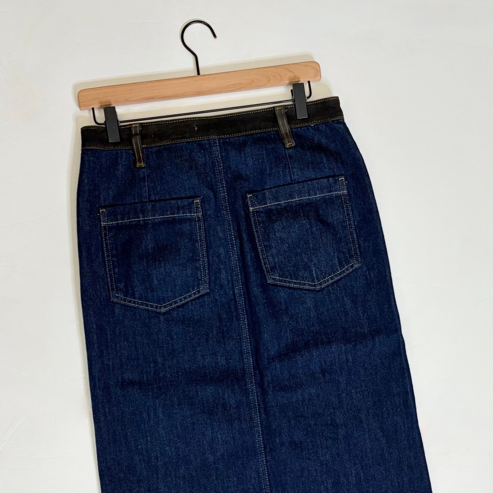 ZARA ZW Collection Denim Midi Skirt Contrast Suede Waistline Blue Pockets Small