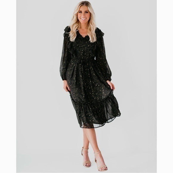 BY THE RIVER Chiffon Midi Dress Ruffled Black Gold Stars Party Glam Star Small