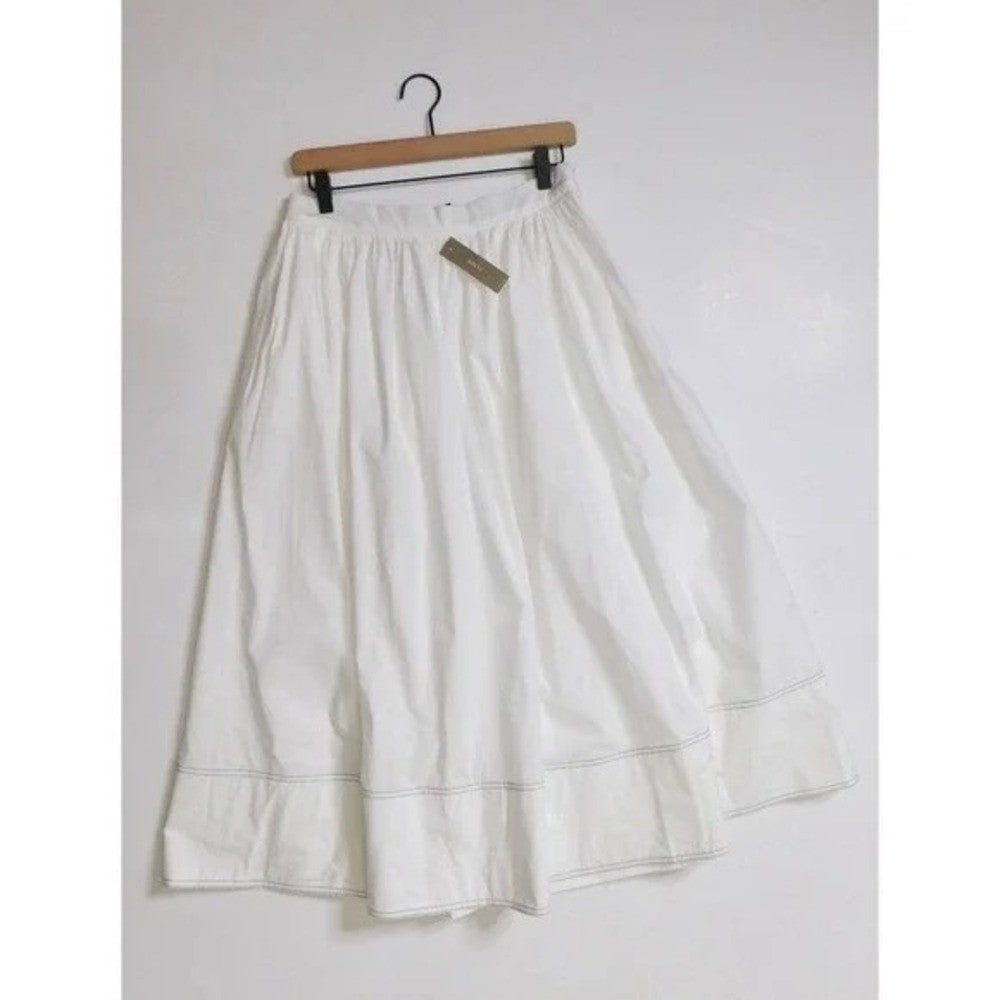 NWT!! J. CREW Contrast-Stitch Midi Skirt Cotton Poplin Solid White Navy Blue 14