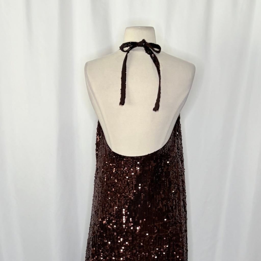 ZARA Chocolate Brown Sequin Halter Maxi Dress Festive Party Sequinned Small