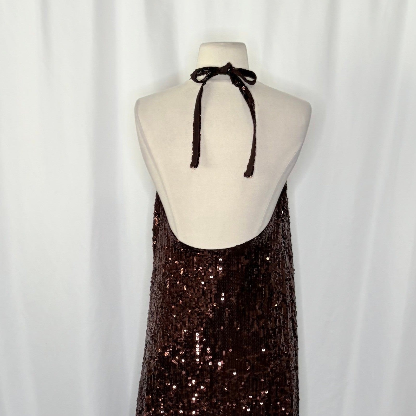ZARA Chocolate Brown Sequin Halter Maxi Dress Festive Party Sequinned Small