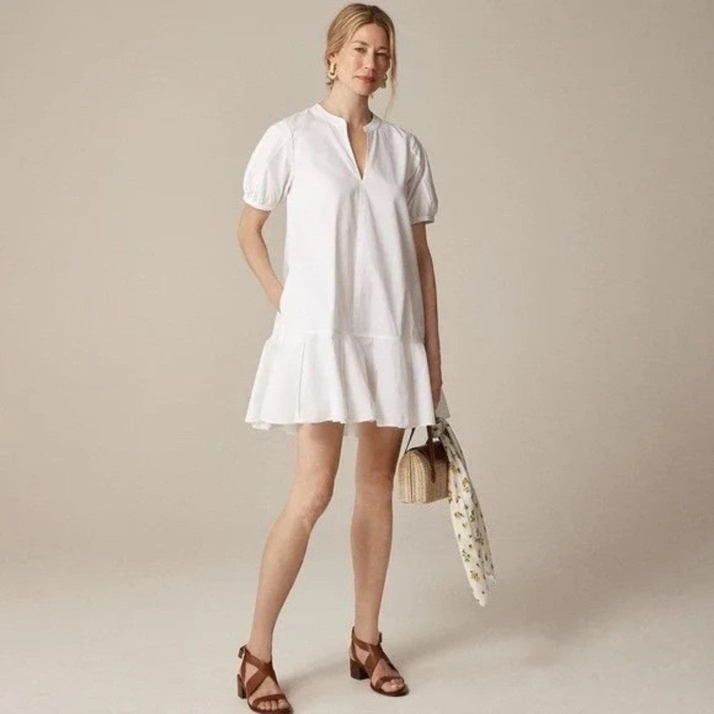 NWT!! J. CREW Delilah Dress Cotton Poplin Solid White Mini Ruffle Small Tall ST