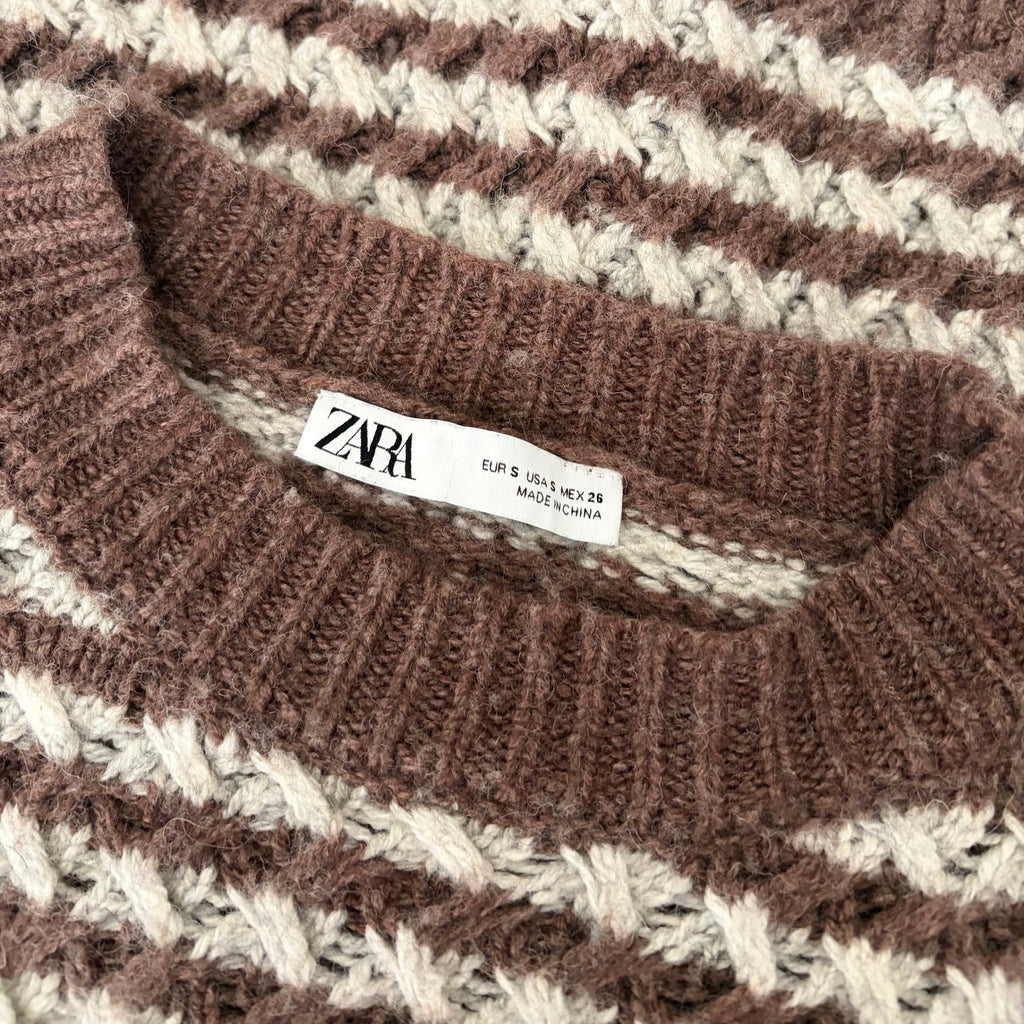 ZARA Wool Chunky Knit Oversized Sweater Brown Grey Stripes Pullover Knit Small