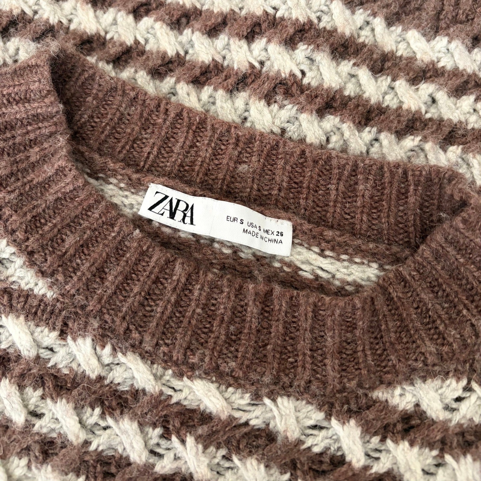 ZARA Wool Chunky Knit Oversized Sweater Brown Grey Stripes Pullover Knit Small