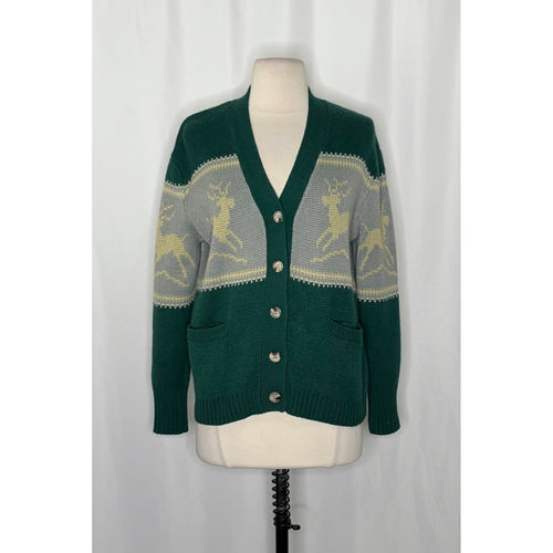 Anthropologie TINY Reindeer Cardigan Sweater Wool Blend Pockets Green X-Small
