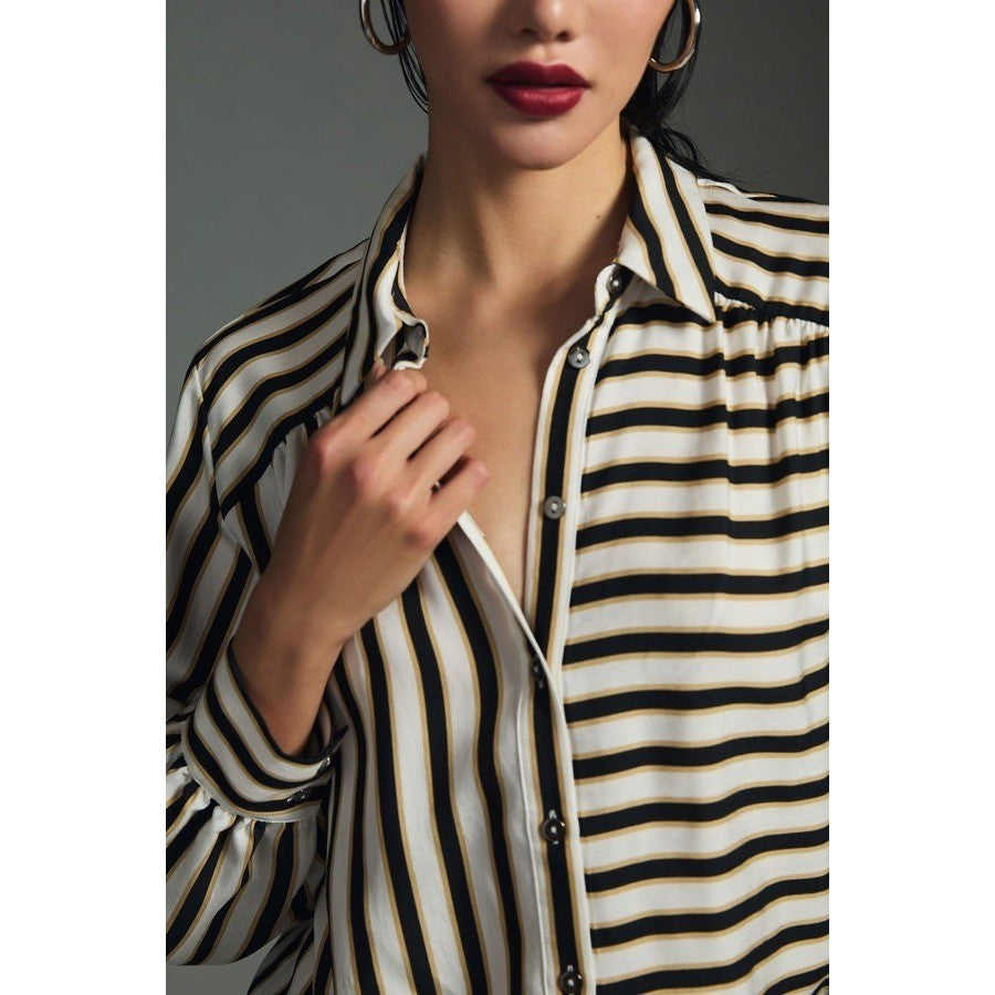 Anthropologie MAEVE Silky Striped Buttondown Black White Tan Button Down Small