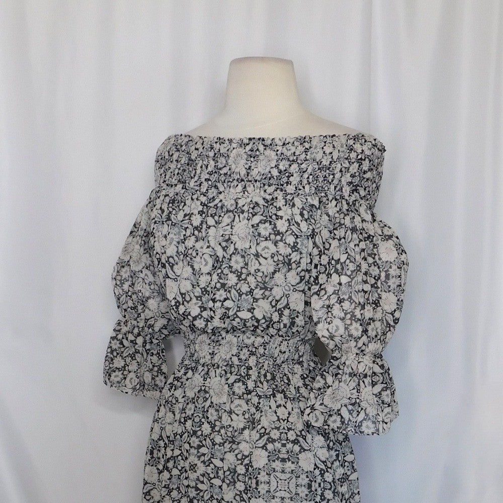 MISA Los Angeles Floral Smocked Midi Dress Black Gray Pink Off Shoulder X-Small