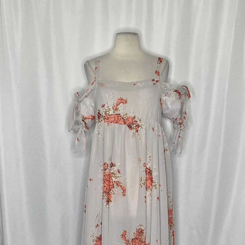FREE PEOPLE Tied To You Floral Midi Dress Sand Combo Chiffon Bohemian Small