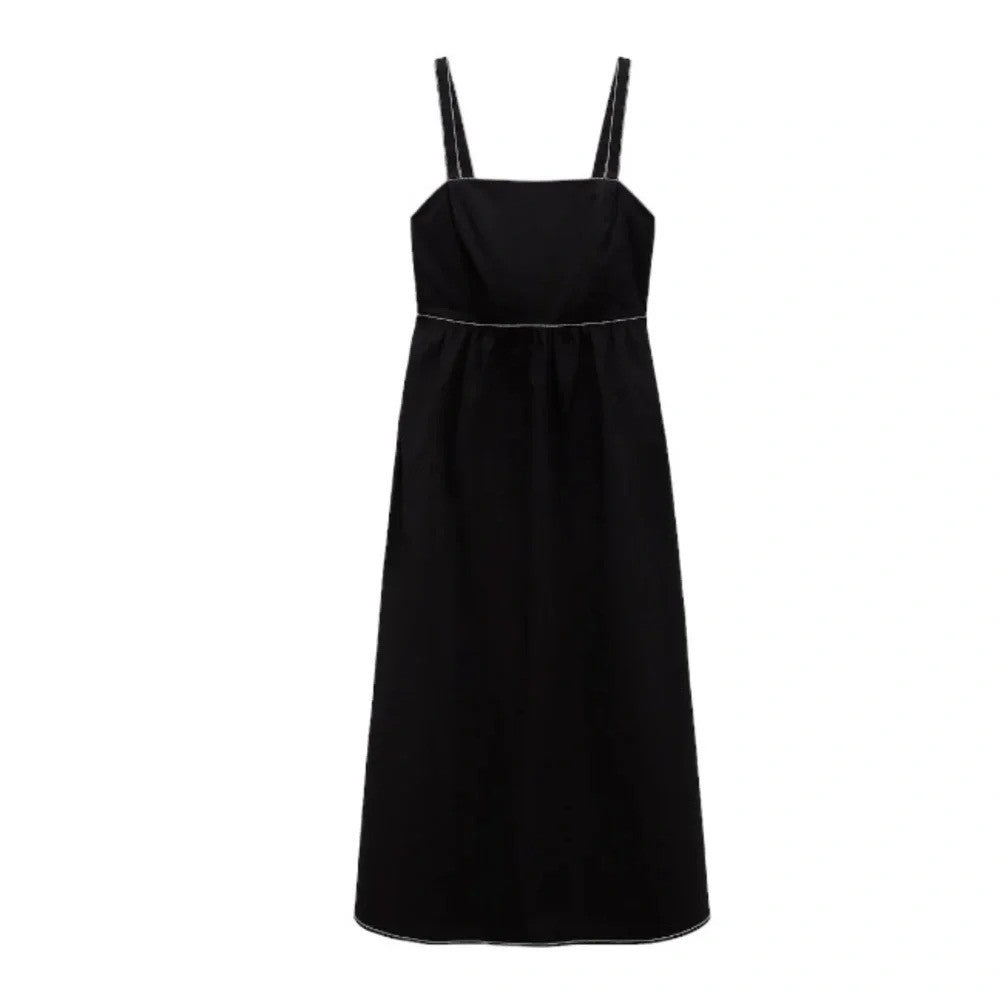ZARA Luiza Black Midi Dress Tie Back Contrast Stitching Pockets Poplin X-Large