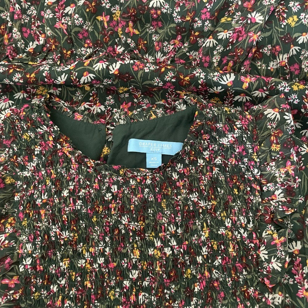 NWT!! DRAPER JAMES RSVP Green Floral Smocked Dress Midi Holidays Party X-Small