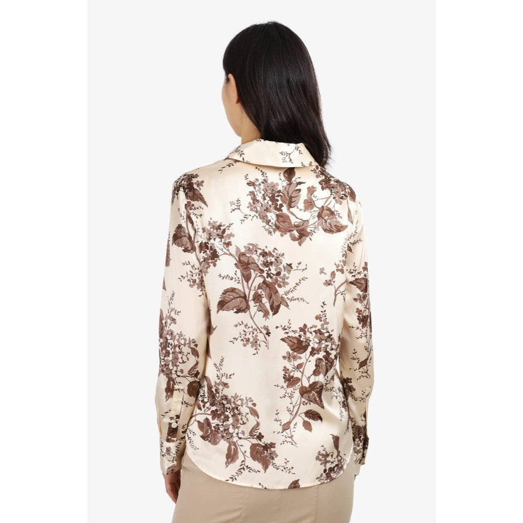 REFORMATION Silk Floral Print Blouse Top Buttondown Cream Brown Chic Large