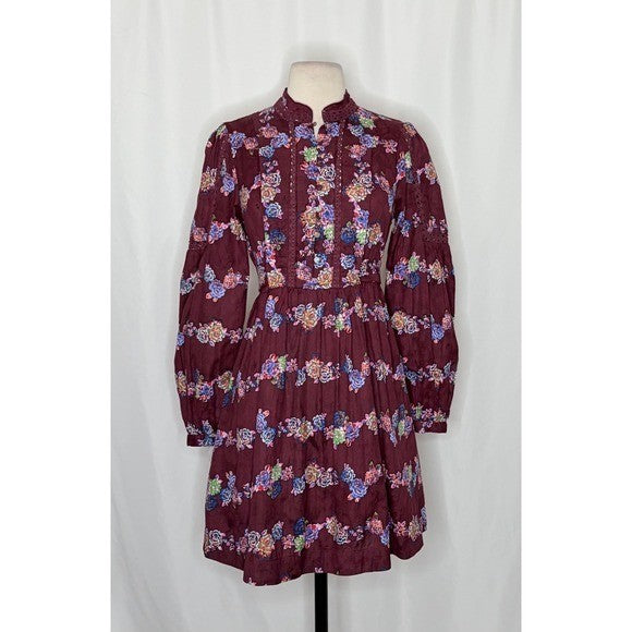 BY ANTHROPOLOGIE Mini Tunic Long Sleeve Dress Floral Lace Trims Purple X-Small