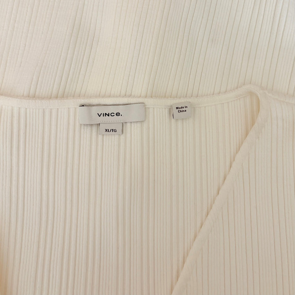 VINCE Pearl Button Cardigan Sweater Off White Ribbed Cropped V Neck X-Large