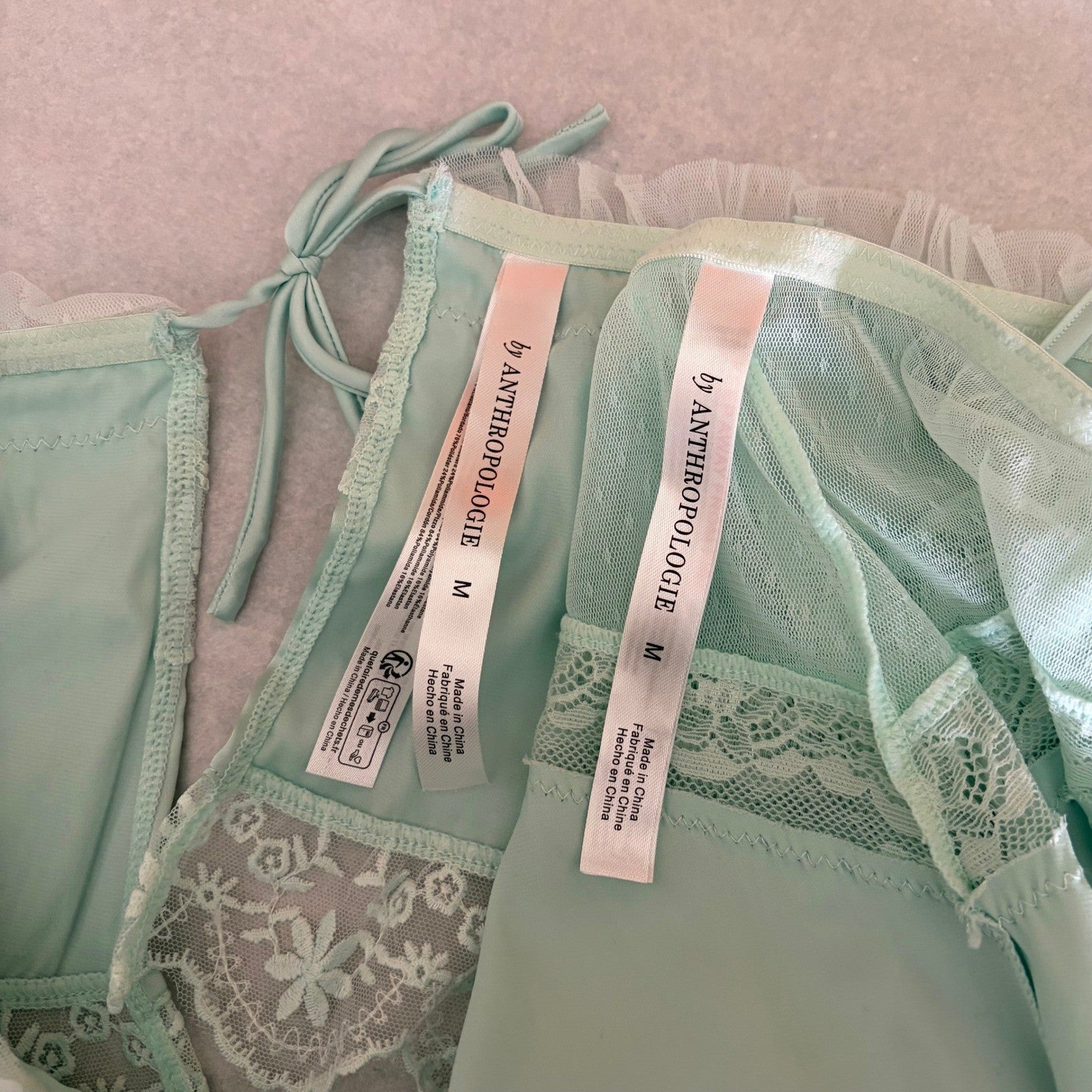 ANTHROPOLOGIE Two Piece Set Crop Lace Ruffle Cami Short Mint Green Lacey Medium