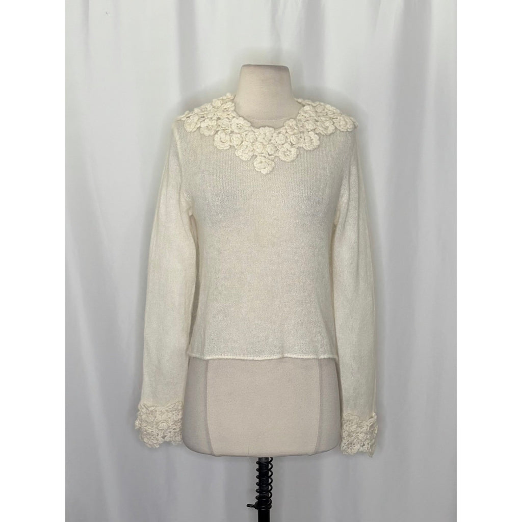 ZARA Alpaca Wool Ecru Crochet Flower Appliqué Sweater Blogger Favorite Small