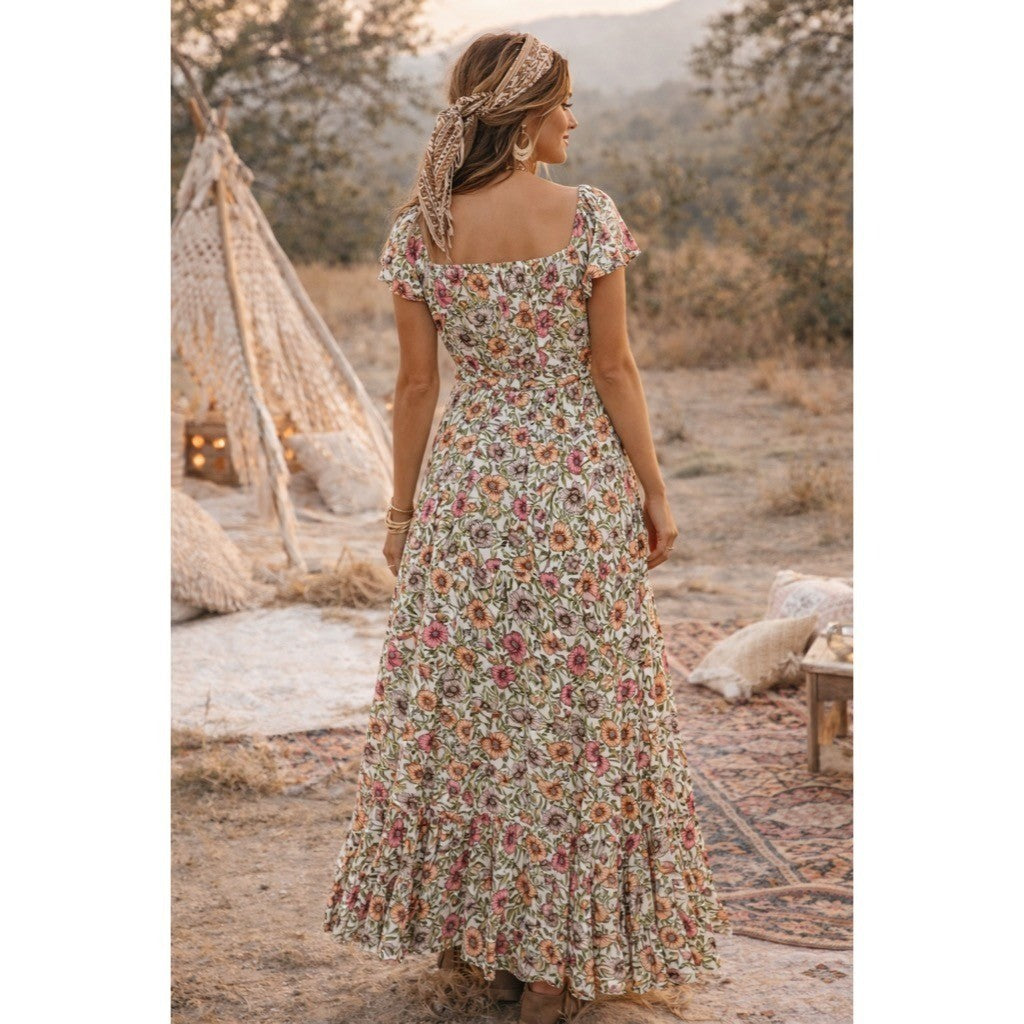 ATL ABEL THE LABEL Floral High Low Maxi Dress Pink Poppy Ruffled Bohemian XS