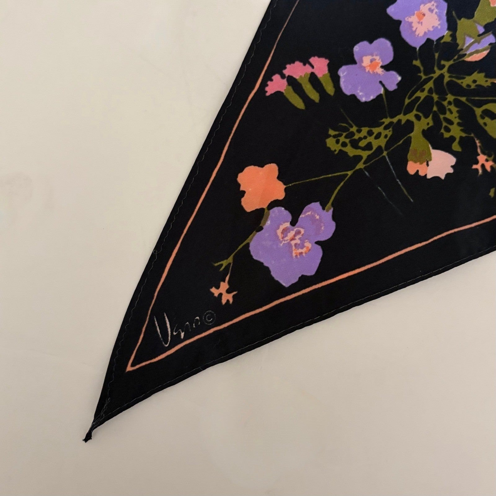 Vintage VERA NEUMANN Rectangle Floral Scarf Black Accessory Twilly Pink Green