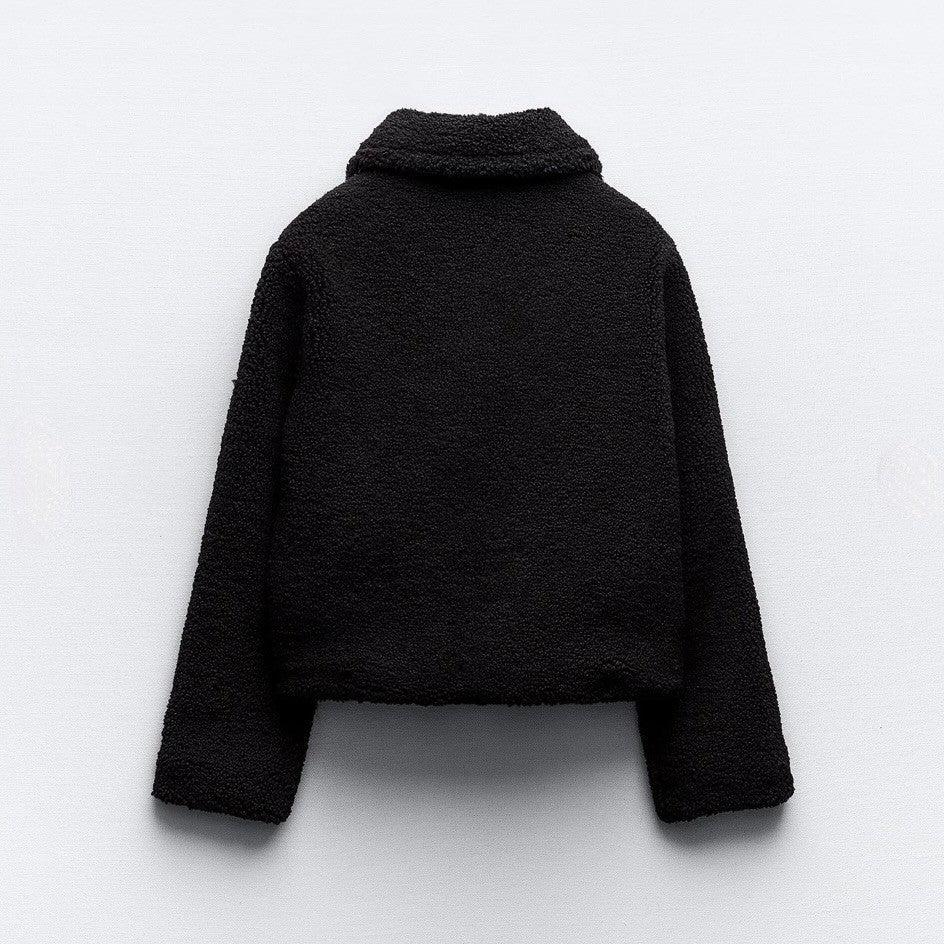 ZARA Black Sherpa Fuzzy Fleece Teddy Coat Faux Shearling Snaps Pockets Small