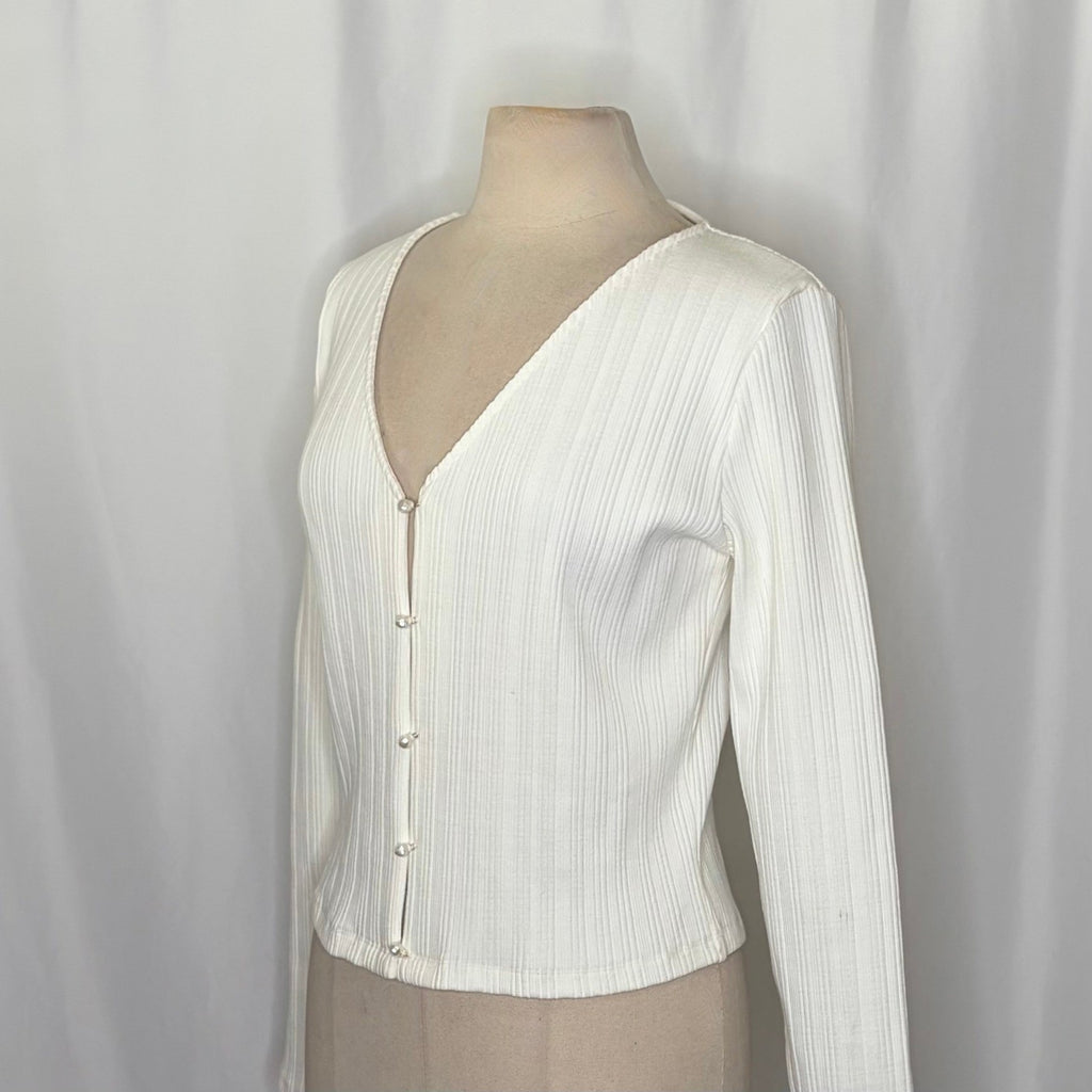 VINCE Pearl Button Cardigan Sweater Off White Ribbed Cropped V Neck X-Large