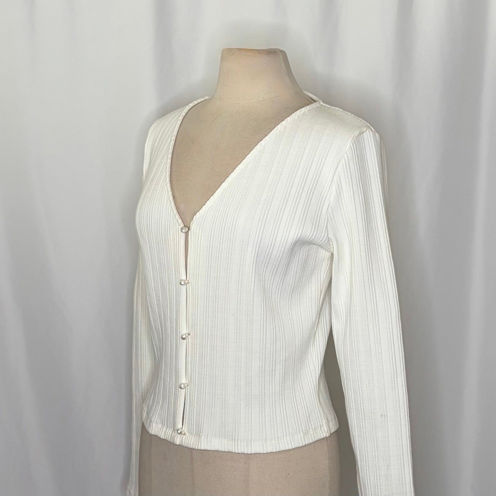 VINCE Pearl Button Cardigan Sweater Off White Ribbed Cropped V Neck X-Large
