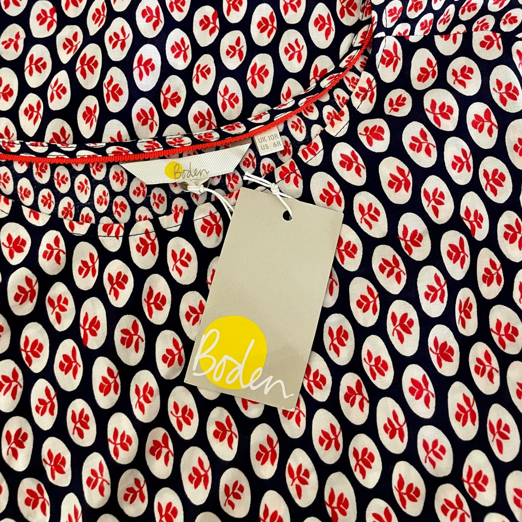 NWT!! BODEN Edna Tunic Top Retro Floral Navy Blue Red Preppy Polka Dot Size 6