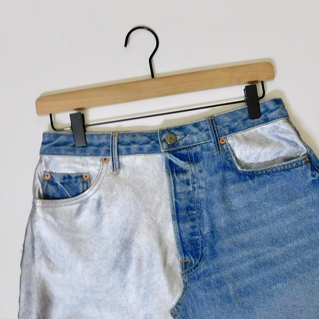 GRLFRND Girlfriend Milla Metallic Panel Denim Silver Mini Skirt Two Face Size 28