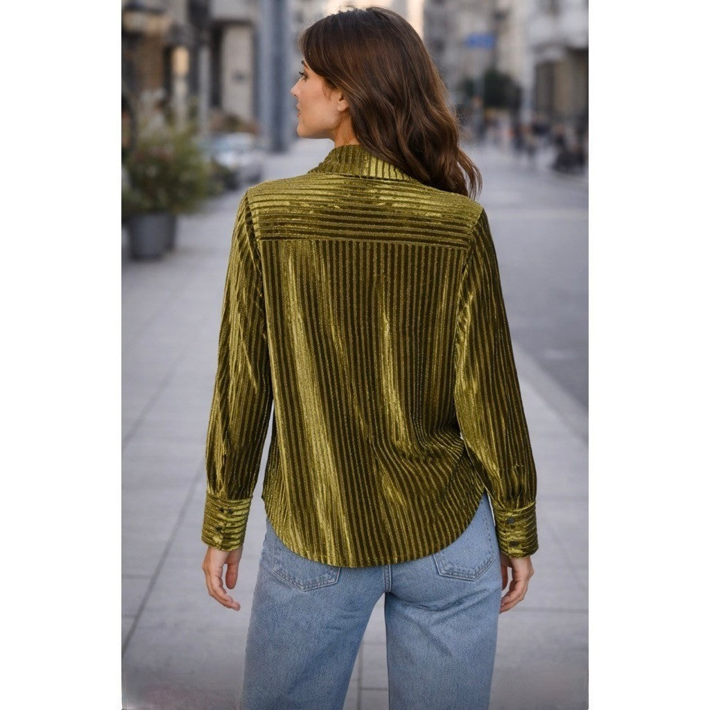 HOUSE OF HARLOW 1960 Green Velvet Stripe Buttondown Shirt Top Metallic Small