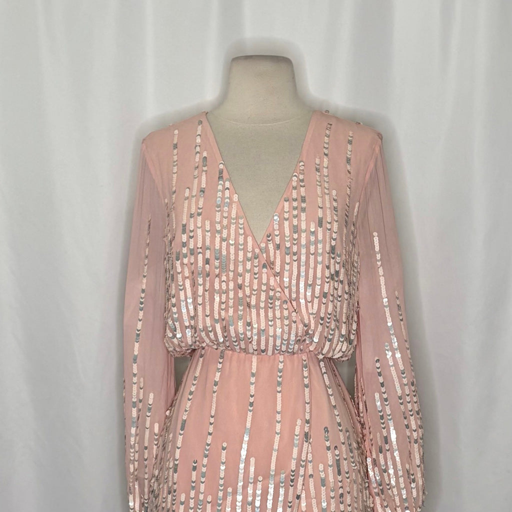 NWT!! LOVERS + FRIENDS Poppy Blush Pink Sequin Long Sleeve Mini Dress Medium