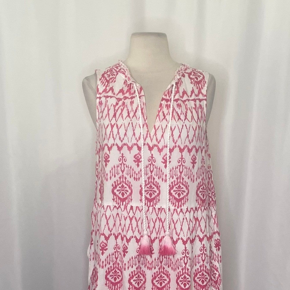 TOMMY BAHAMA Ikat Tropics Passion Pink White Midi Dress Cotton Voile Small