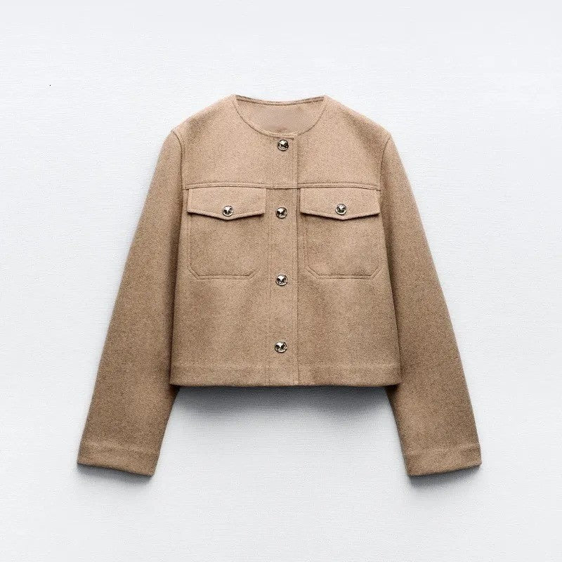 ZARA Cropped Jacket Light Brown Tan Gold Hammered Snaps Preppy Chic Small