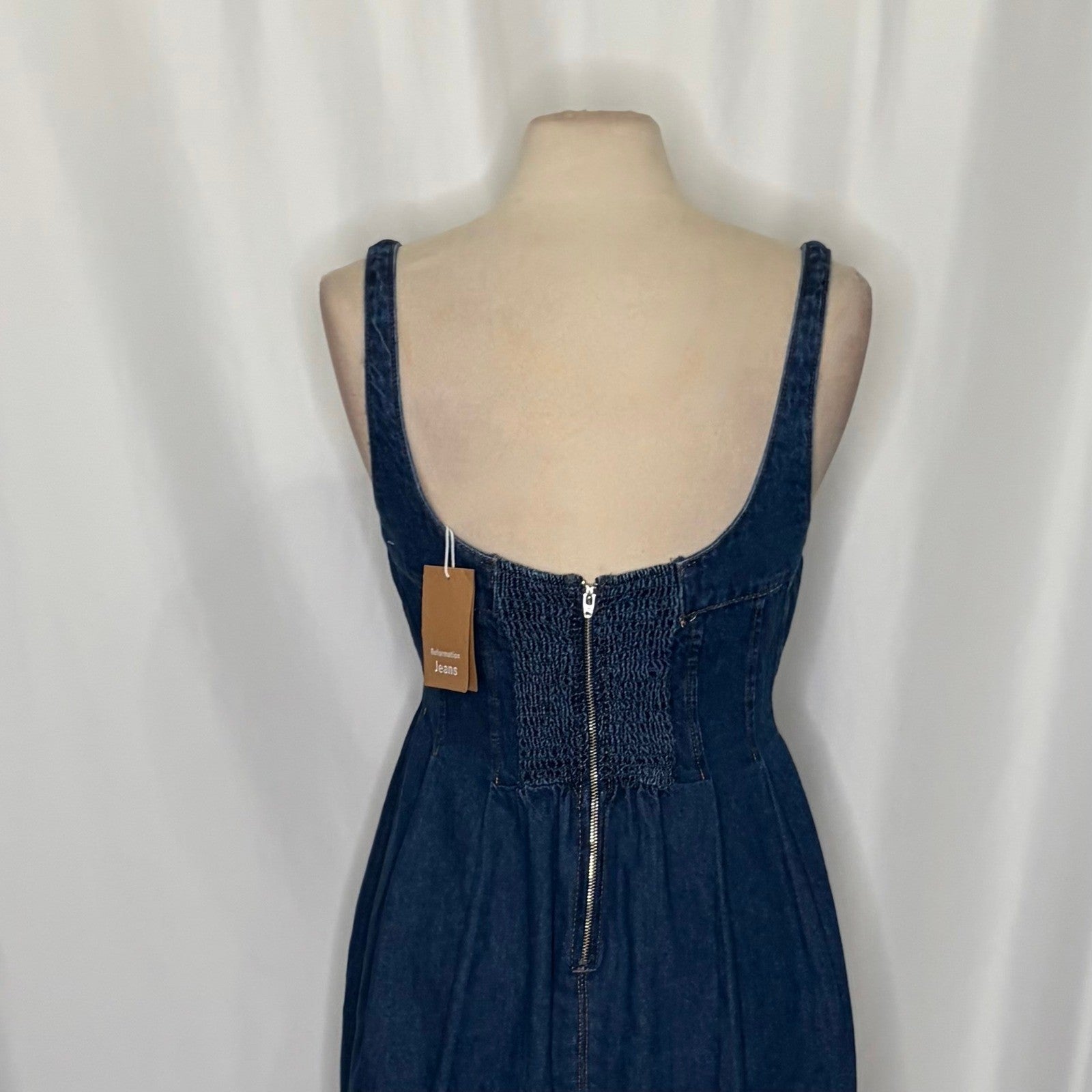 NWT!! REFORMATION Violet Denim Mini Dress Blue Smocked A-Line Skirt Size 12