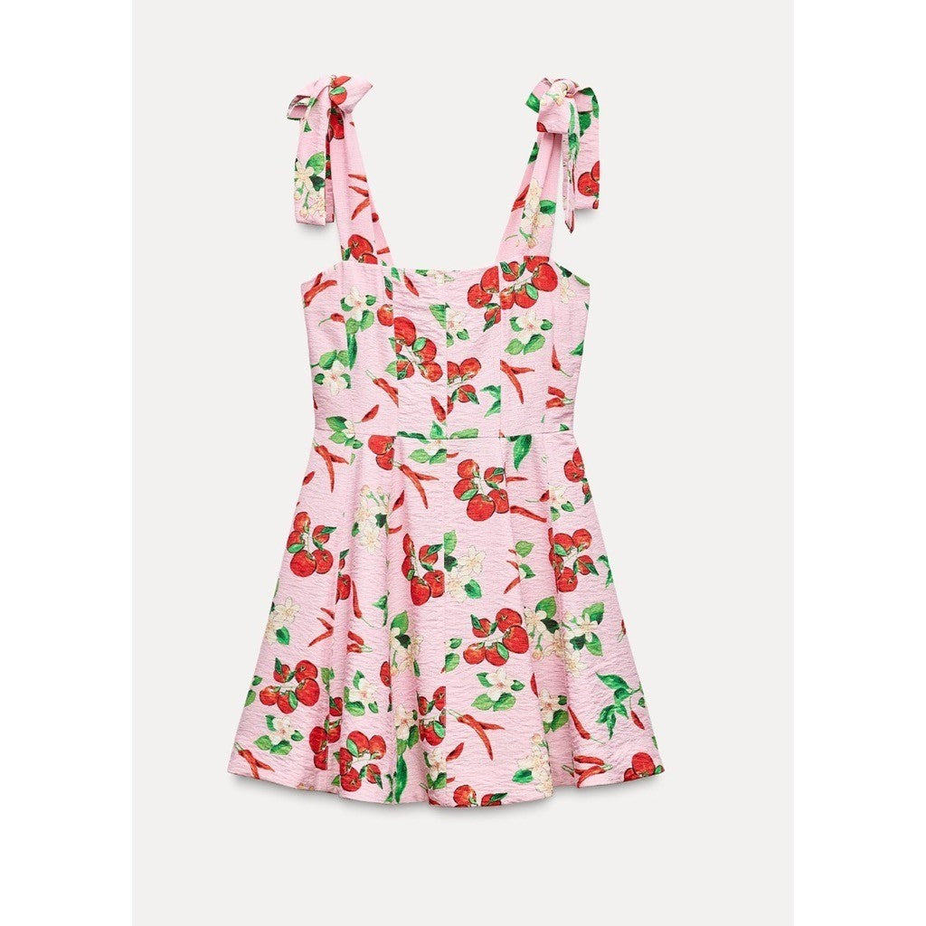 NWT!! ZARA Pink Cherries Veggie Print Mini Dress Cherry Vacation Medium