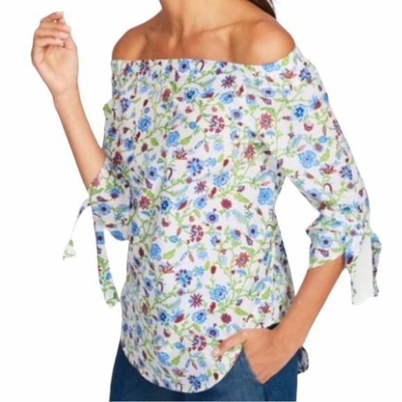 J. MCLAUGHLIN Natasha Tie Sleeve Off Shoulder Floral Top Blouse Summer Small