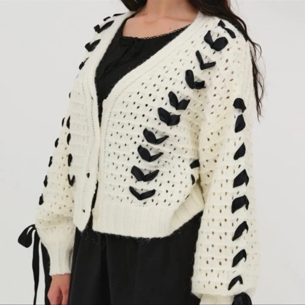 FOR LOVE & LEMONS Laurel Cardigan Sweater Office White Black Ribbons X-Small