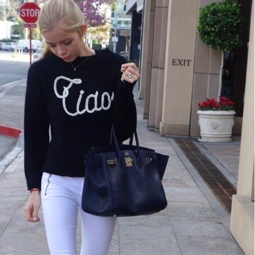 WILDFOX Couture Dinner Party Ciao Bella Black White Embroidered Sweater Small