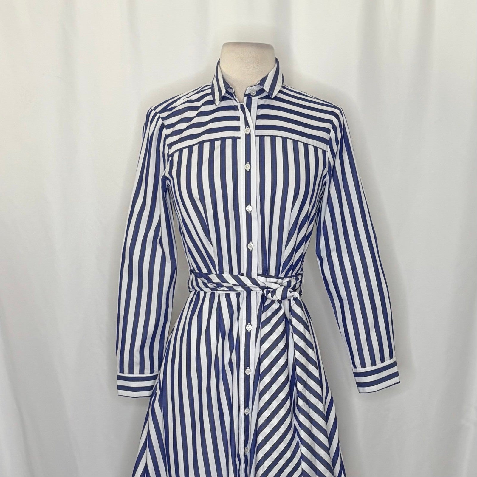 J. CREW Lighthouse Tie Waist Shirtdress Blue White Stripe Shirt Dress Size 0