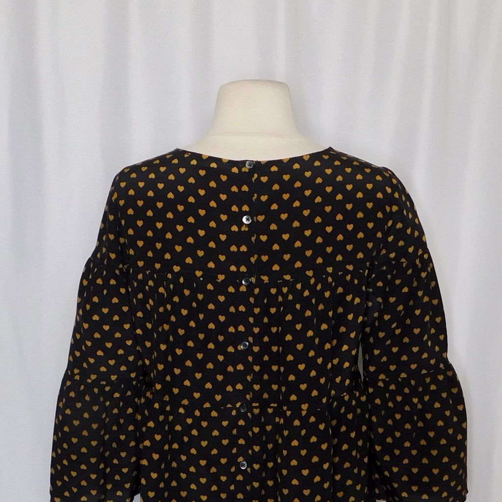 MADEWELL Silk Black Gold Heart Flip Button Back Tiered Top Blouse X-Small