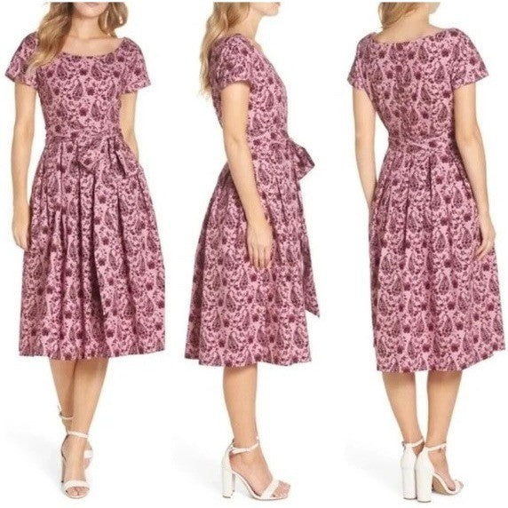 GAL MEETS GLAM Hallie Dress Paisley Floral Pink Purple Box Pleats Pockets Size 8
