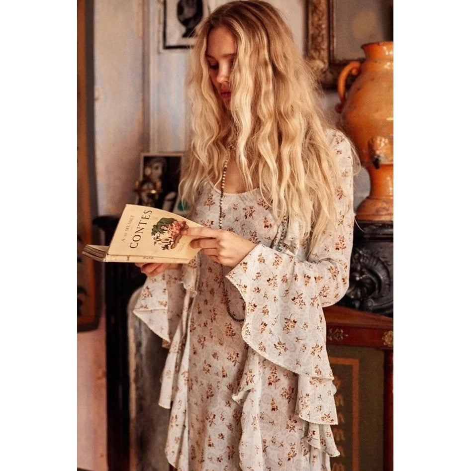 SPELL & THE GYPSY Fleur Frill Bias Maxi Dress Teapot Blue Floral Bohemian Large