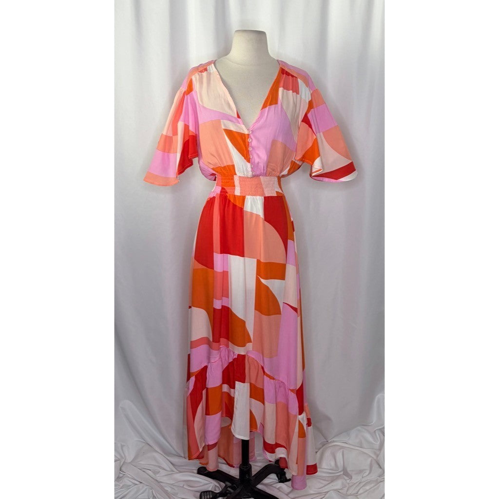 NWT! ATL ABEL THE LABEL Nova Maxi Dress High Low Pink Colorblock Abstr – Curated Stash