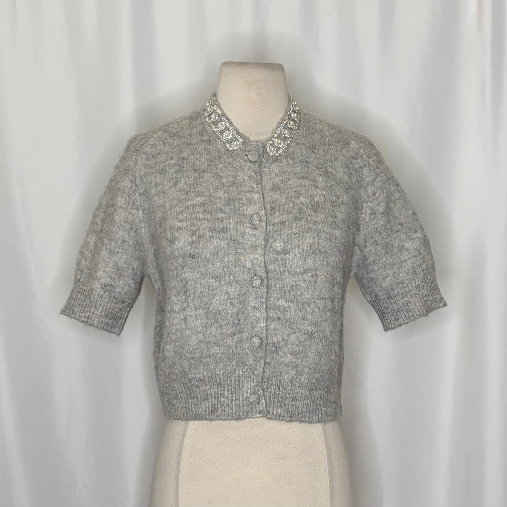 ZARA Jewel Embellished Gray Cropped Cardigan Sweater Knitwear Jewelled Large