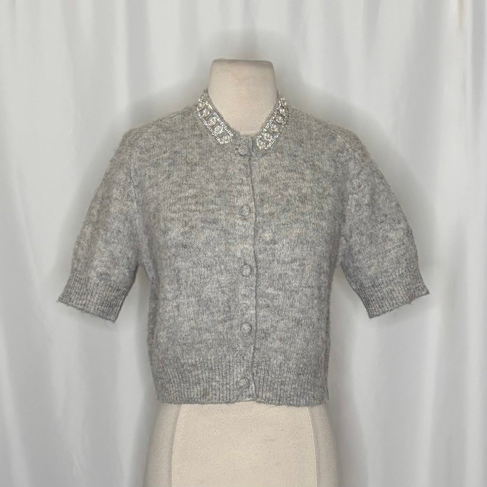 ZARA Jewel Embellished Gray Cropped Cardigan Sweater Knitwear Jewelled Large