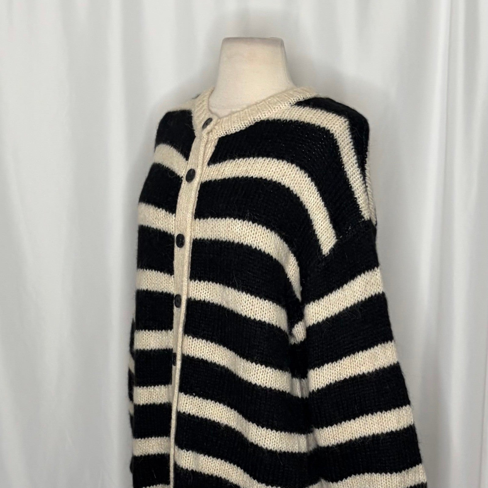 ZARA Long Striped Cardigan Sweater Black Ivory Striped Wool Alpaca Knit Small