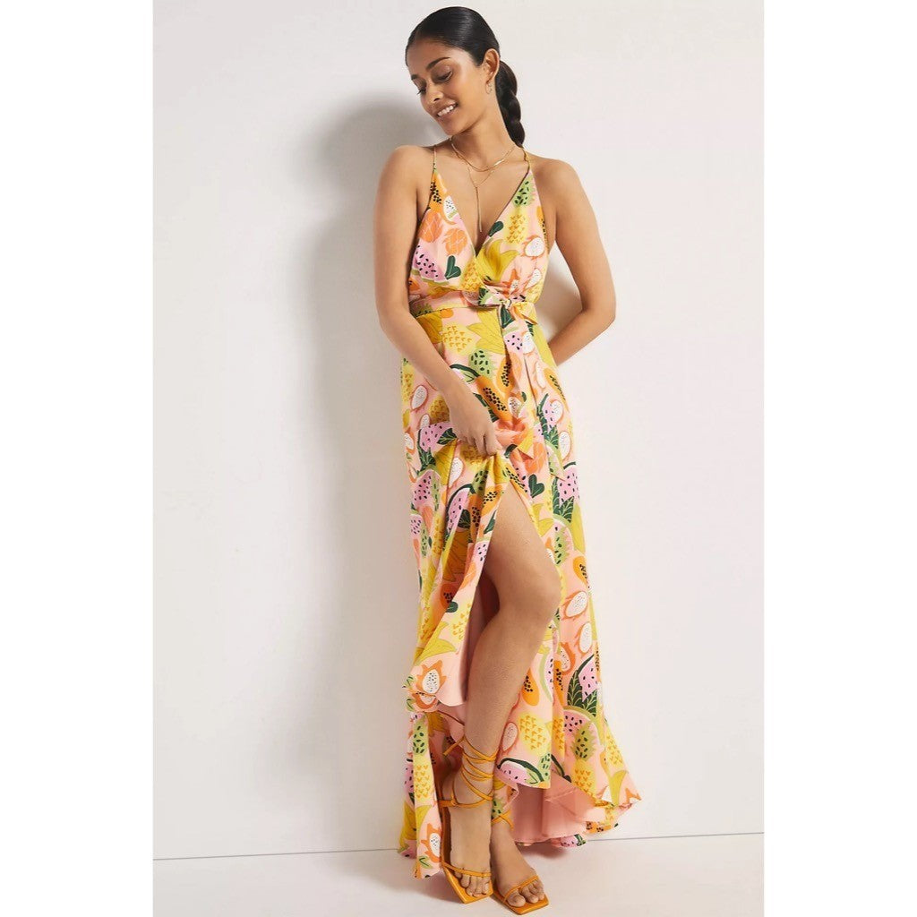 Anthropologie HUTCH Fruit High-Low Wrap Maxi Dress Glenne Tie Waist X-Small