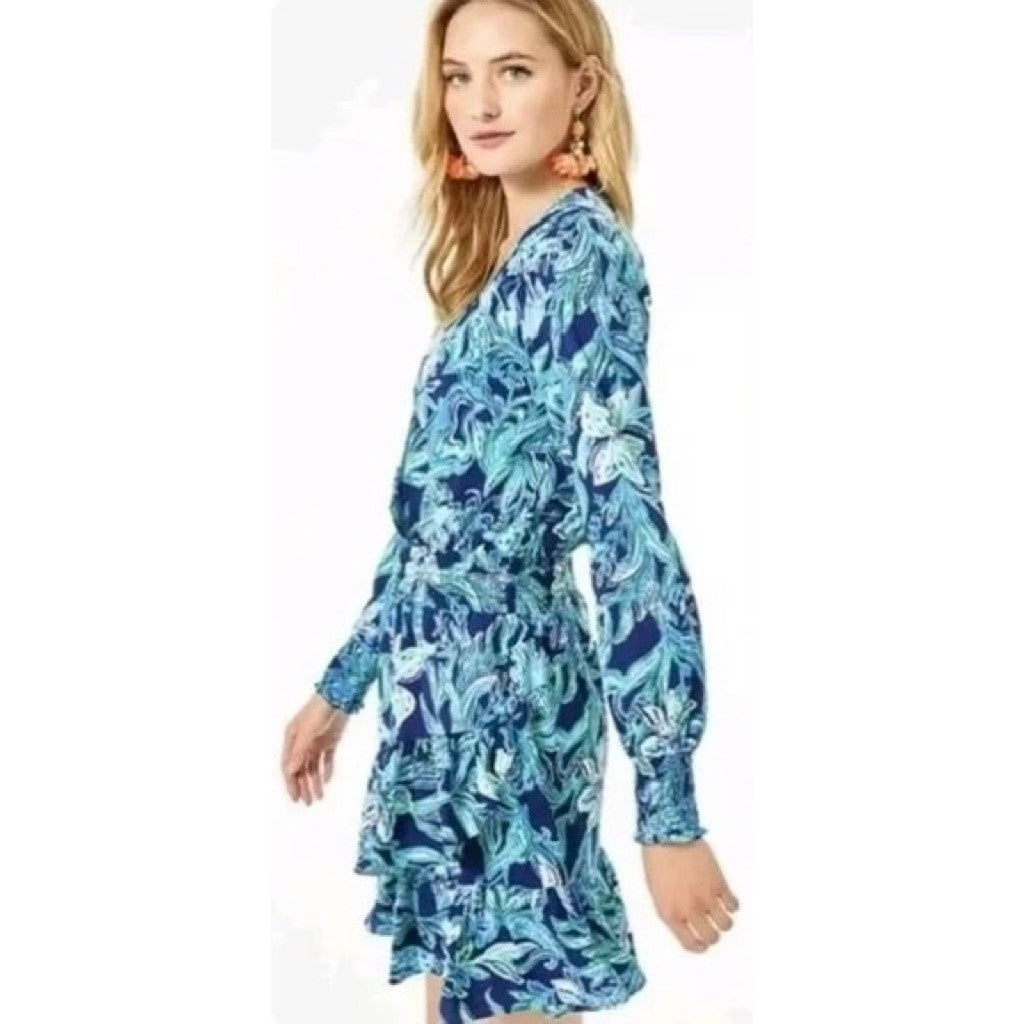 LILLY PULITZER Cristiana Dress High Tide Navy Take It Or Leaf It Smocked 0