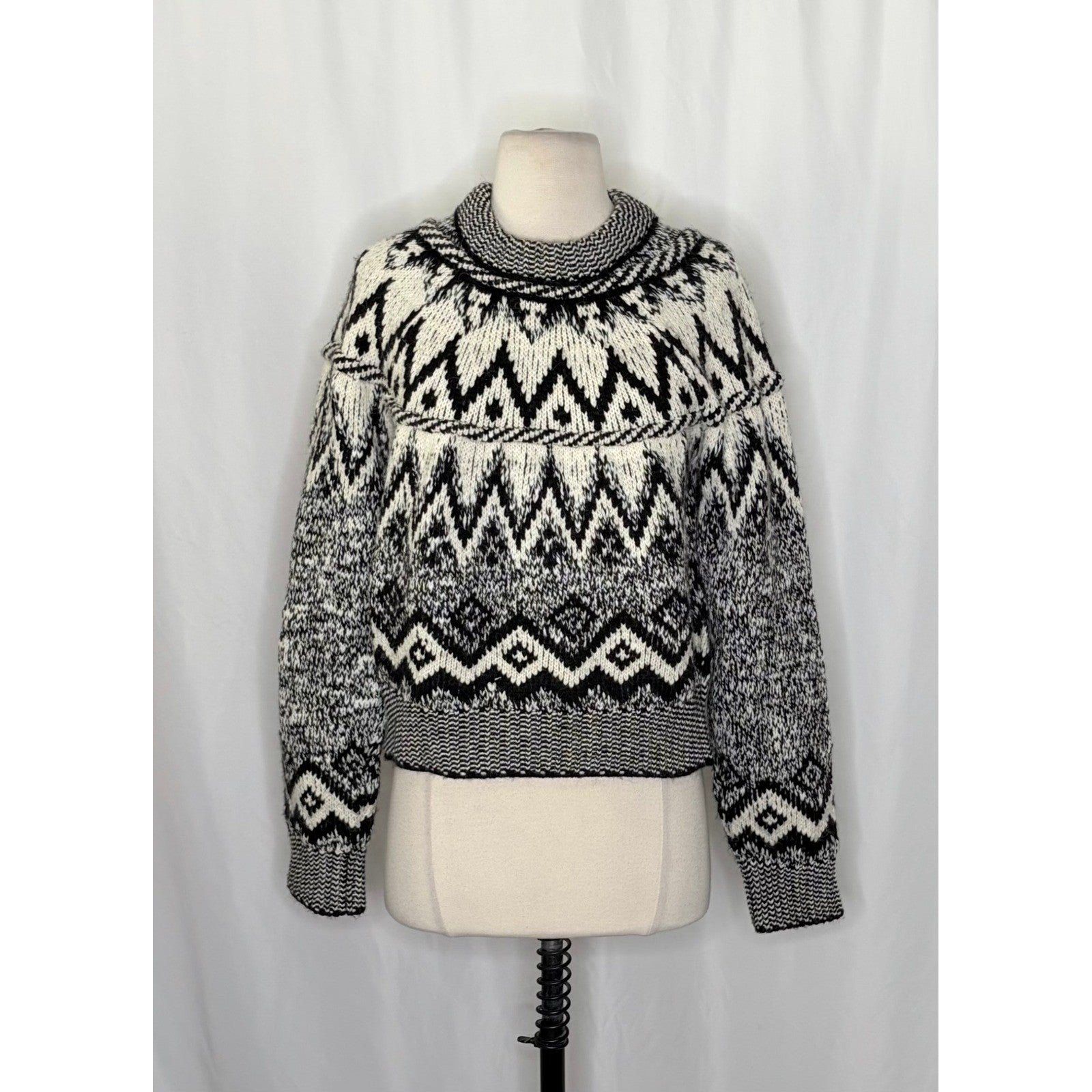 ZARA Nordic Fairisle Jacquard Sweater Black White Fair Isle Knit Pullover Medium