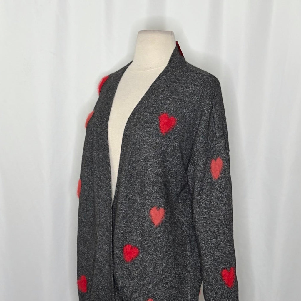 NWT!! CELEBRATE TOGETHER Heart Cardigan Sweater Grey Pink Red Hearts Large