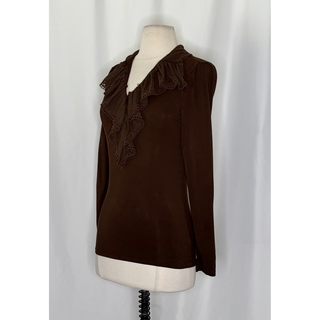 Lauren RALPH LAUREN Brown Ruffled Jersey Knit Blouse Top Solid Brown Small