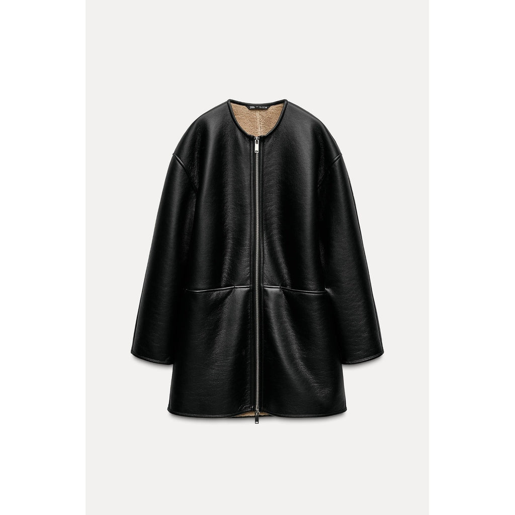 NWT!! ZARA ZW Collection Double Faced Coat Jacket Black Fleece Lining Small