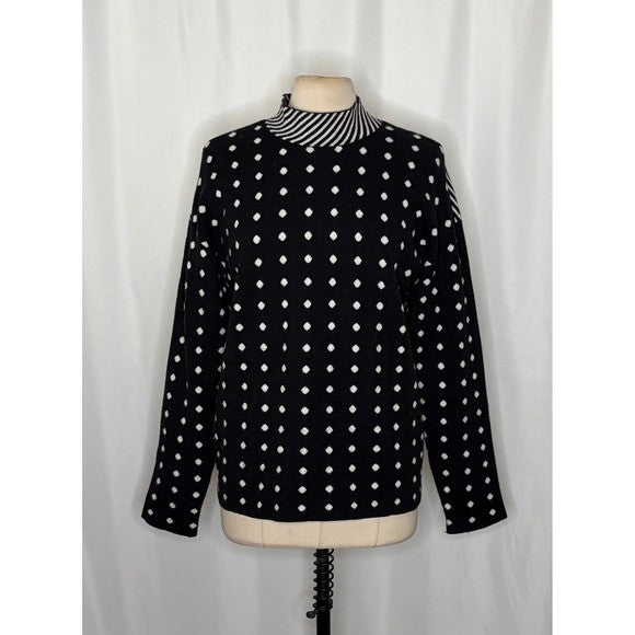 By ANTHROPOLOGIE Lizzie Mock Neck Sweater Black White Polka Dot Striped Large
